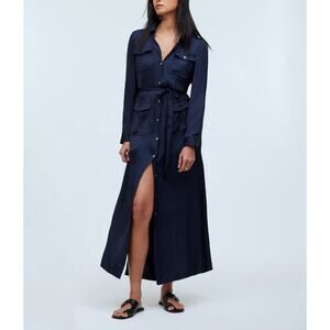 NWT Madewell Sz XL Satin Utility Shirt Dress Midi Deep Indigo Blue L/S NR775